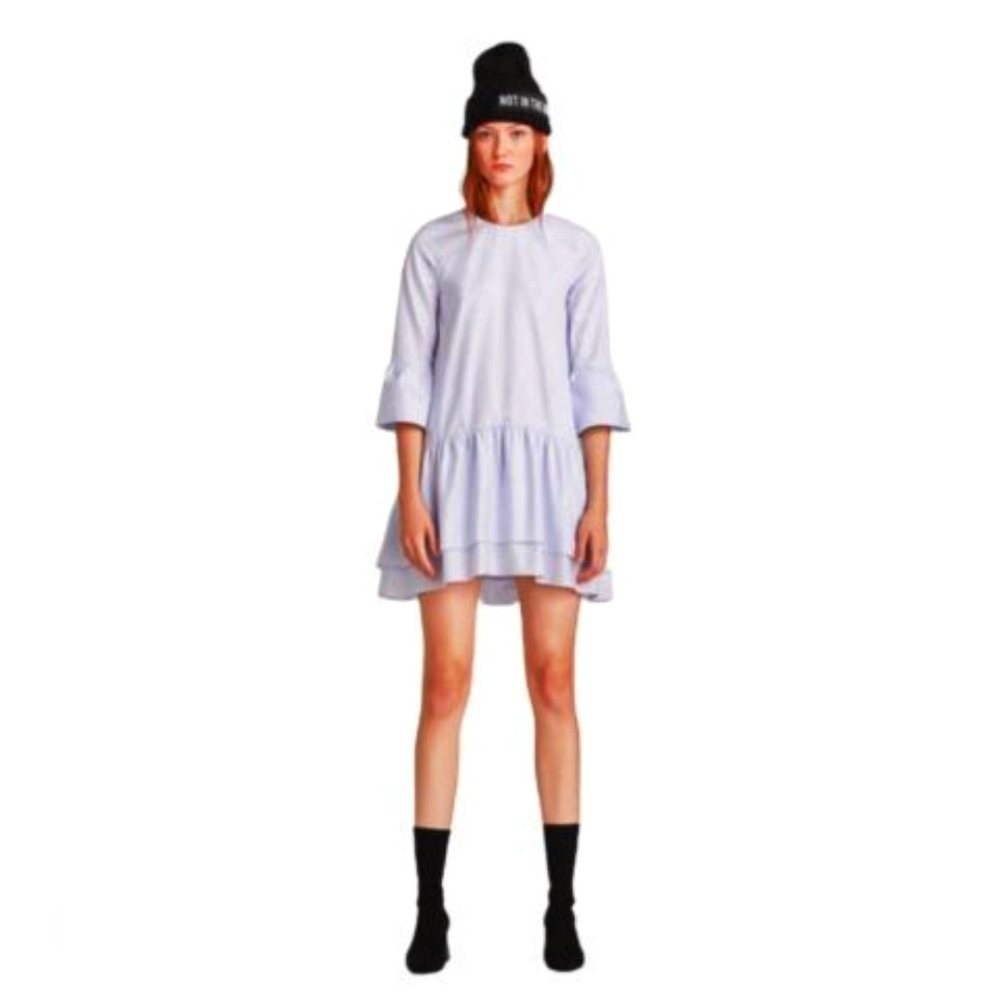 ZARA Pastel Blue Baby Blue Bell Sleeve Ruffle Hem Cotton Mini Dress Small